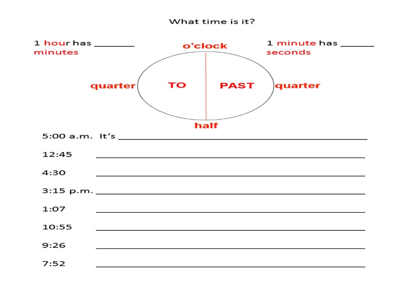 What time is it? 5:00 a.m.  It’s _____________________________________  12:45  ________________________________________ 